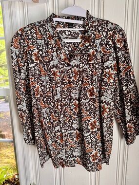 Ann Taylor Factory Brown Floral Tie-Neck Blouse